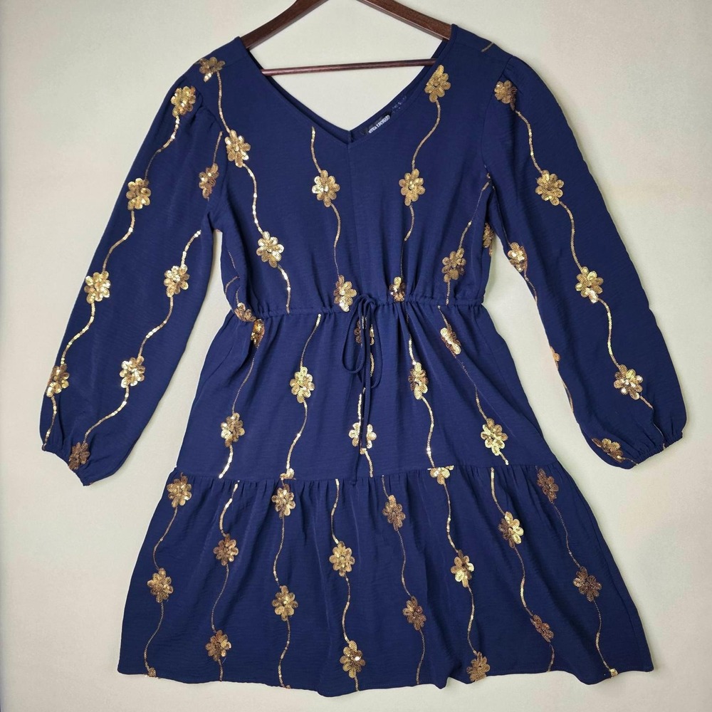Nina Leonard Mini Dress Womens S Small Navy Gold Sequin Floral V-Neck Drawstring
